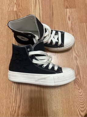 Women’s Converse High Top Sneakers - Black & White with Embroidered Flowers